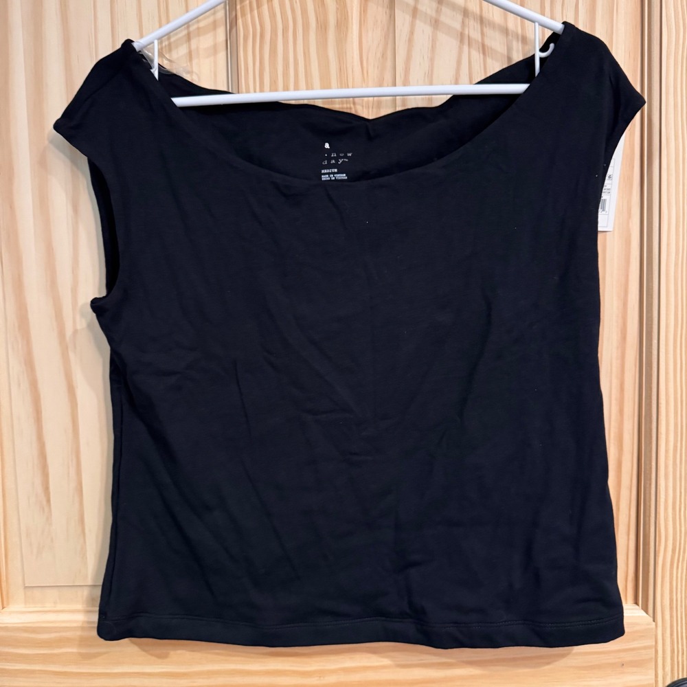 A New Day Womens Black Boat Neck Capā Sleeve Stretch Cotton Top M NWT